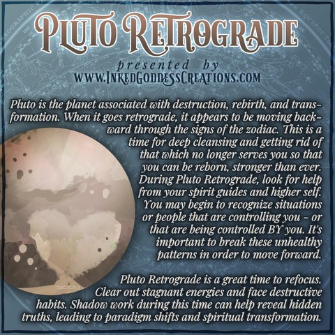 A blue background features a faded overlay of a zodiac star map. A watercolor rendition of Pluto occupies a portion of the left side of the image. The text details Pluto Retrograde, the types of energies you may encounter during this period, and ways to mitigate it or work with it. Presented by Inked Goddess Creations.