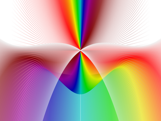 Picture resembling two white doves joining beaks, from the tip of the beaks a rainbow pattern emerge.