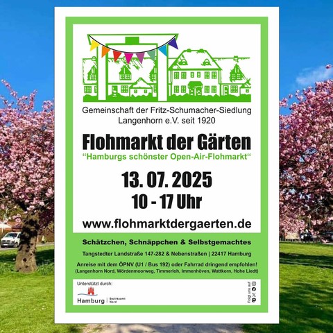 Ein FdG Werbe-Plakat in grün/schwarzen Druck mit Text & Siedlungs-Logo auf einem Hintergrundbild mit Rasen und Kirschbäumen in Blüte links uns rechts neben dem Plakat.