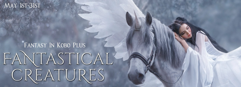 Kobo Plus Fantastical Creatures: an ethereal woman leans against a winged unicorn
