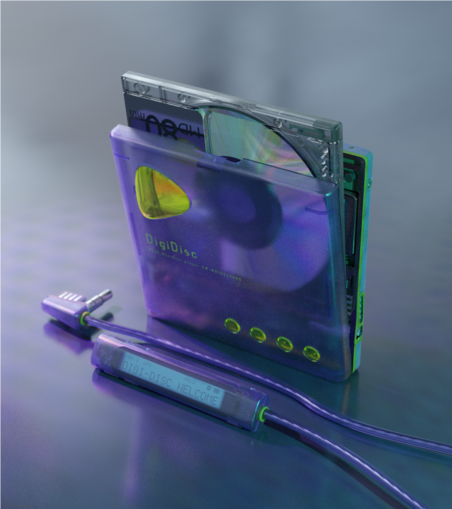 Translucent purple MiniDisc player with fluorescent yellow accents, complete with a wired remote