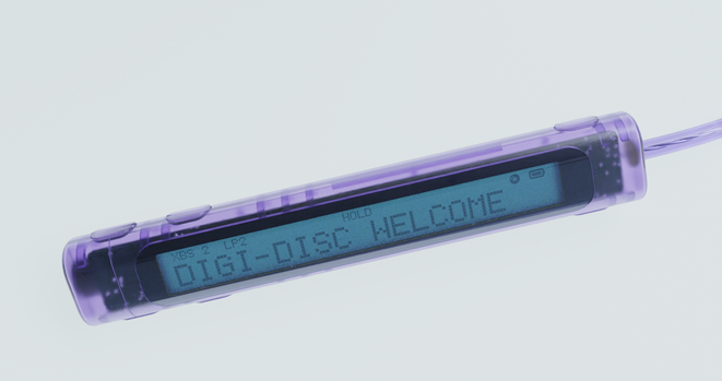 Wired remote control for MiniDisc player, long translucent purple object with buttons on the side and an old school LCD screen with an electroluminescent backlight color: blue/cerulean
