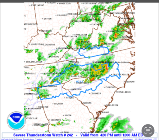 NOAA Graphic indicating Severe Thunderstorm Watch for portions of       Northern Georgia      Western and Central North Carolina      Western and Northern South Carolina      Southwest Virginia