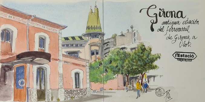 Dibujo con pluma estilo gráfica coloreado a la acuarela de la antigua estación del tren Gerona-Olot detrás de ve el llamado edificio de las agujas por su tejado puntiagudo.