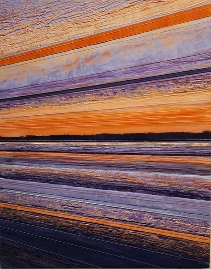 Encaustic and thread work with multiple layers of colors appearing to move across the frame in rows, some parallel to the bottom others a bit angular. The colors start darkish on the lower portion, then range thru blues, dark orange, bright orange, all the colors that perhaps you see at sunset.