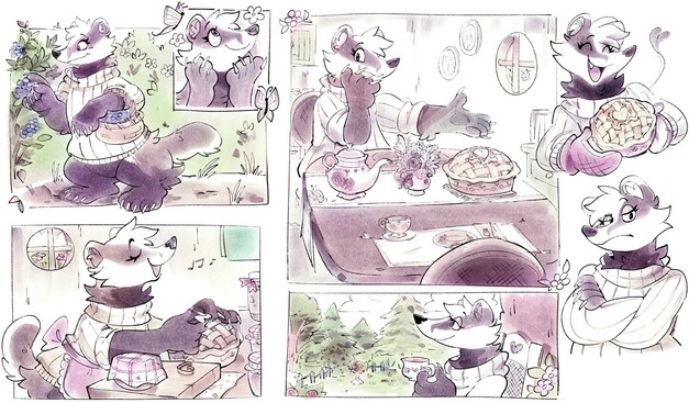Four panel sketch page, plus two busts, of Bramble the badger.
First panel shows her picking berries with a basket, and admiring butterflies fluttering around her.
Next panel she's making a pie while singing a little tune.
Third panel is Bramble inviting you to the table which has the freshly baked pie and a pot of tea on it.
Last panel is Bramble sitting outside drinking tea and calmly enjoying the scenery.
The two busts show Bramble happily holding her pie, and Bramble looking upset with you with her arms crossed.