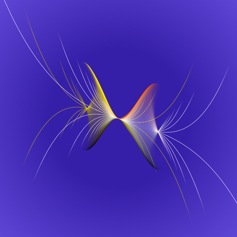 "Angelfish kiss", composed of 160 cubic polynomials. Over a deep blue background curved lines draw two figures resembling two angelfish touching the tip of their mouths.