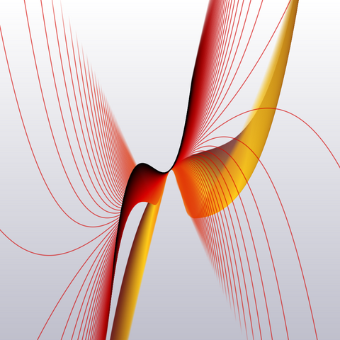 "Odd dream", composed of 384 cubic polynomials. Abstract picture in shades of red, orange yellow and grey.