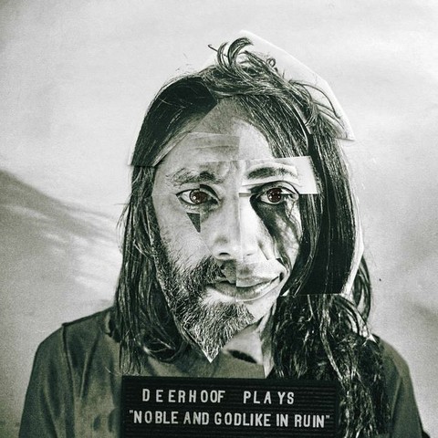 A black & white portrait resembling a mug shot from the mid 1900's or so, but the person in the mug shot is a photo collage of bits and pieces of all of the band members' faces.  One member's eyebrow, another member's eye, half a member's mouth, the other half another, etc.  
The black placard with white letters at the bottom of the image, below the subject's chin says in sans-serif, all caps:  "DEERHOOF PLAYS "NOBLE AND GODLIKE IN RUIN""