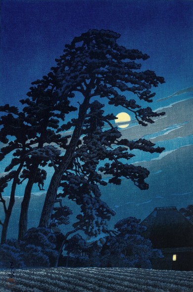 A bright yellow full moon, screened by shredded cloud, shines down out of a starless night sky and illuminates a small farm in rural Japan. In the foreground, a broad field has been tilled and planted in tidy rows; just beyond, tucked in amongst a stand of trees, a warm light glows in the window of a thatched-roof farmhouse. Nearby, tall wiry pines reach up into the sky.