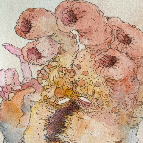Detalle de la cara y mano de un dibujo en acuarela de una criatura con una mano humana con el dedo extendido y una boca vertical con ojos blancos y una cabeza que parece como un coral en colores naranjas amarillos y los brazos lilas, naranjas y azules