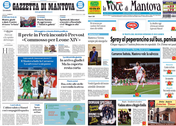 Due prime pagine di giornali locali su uno schermo di un dispositivo. A sinistra, la "Gazzetta di Mantova" con vari articoli, tra cui uno intitolato "Il prete in Perù incontrò Prevost: 'Commesso per Leone XIV'". A destra, "La Voce di Mantova" con un titolo principale che recita "Spray al peperoncino sul bus, panico". Entrambi i giornali presentano immagini e altri titoli di articoli su eventi locali e sportivi.  .