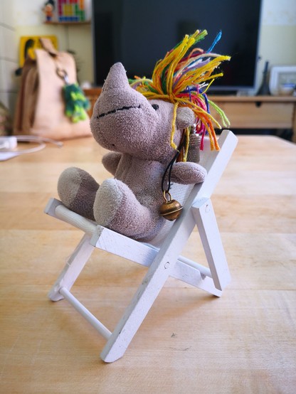 Das kleine Plscheinhorn Carola probesitzt im von den Häckels mitgebrachten Klappstuhl und wirkt dabei sehr entspannt.