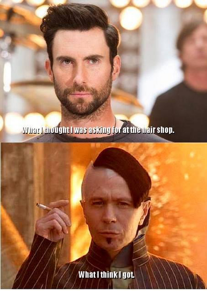 The top picture is the guy from Maroon 5. Bottom picture is the bad guy from the Fifth Element.

The top is labeled What I thought I was asking for at the hair shop. 

The bottom: What I think I got