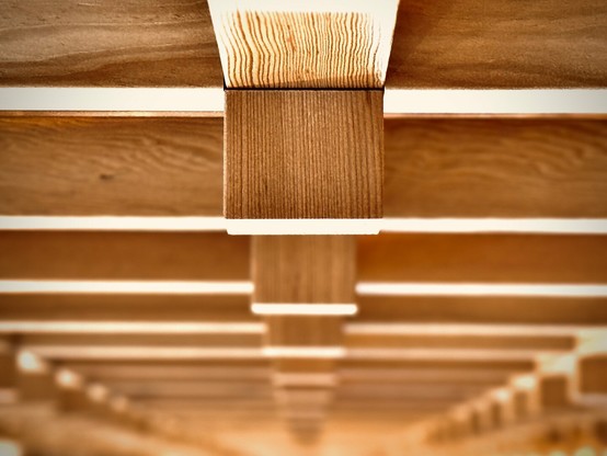 Rectangular wooden ceiling notches and overall framework protrude down in a seemingly endless straight line extending into the distance.