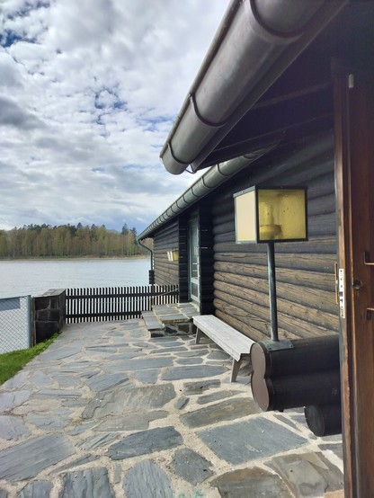 A wooden sauna building by the sea