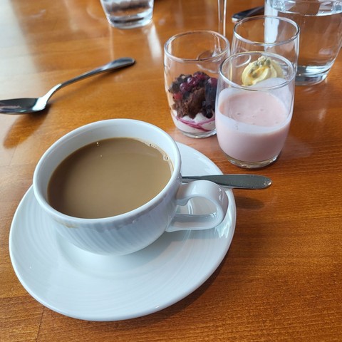 Coffee, chocolate cake, rhubarb lassi, passion fruit mousse