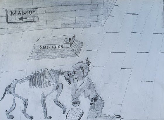 Pencil drawing of a female necromancer in a museum, the revitalised skeleton of a Smilodon in front of her.