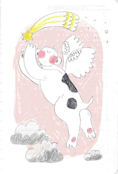 wonky pencil drawing of dogboy - a doglike creature with a human head - flying in the sky on his angel wings. he's reaching up towards a falling star. the sky is colored in pink, and a few clouds are floating below dogboy