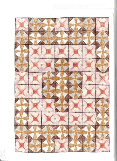 a kind of mosaic or tiled pattern drawn with pencil colors on grid paper. the tiles are square - one is pinkish with a red design inside, the other is brown, a kind of cross with darker corners. they alternate to create a bigger composition.