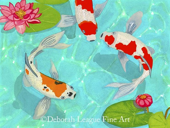 Watercolor art print of three colorful Koi fish swimming in an aqua-blue lotus pond. Pink lotus flowers and lily pads anchor the image, while the fish reflections and play of sunlight on the water bring movement to the image.