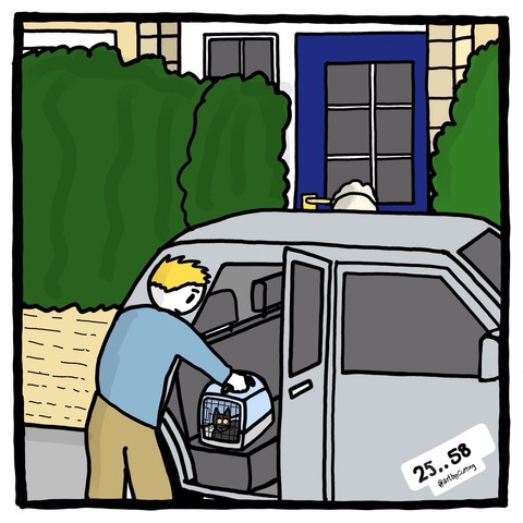 Pictured putting the cat in its basket into the car to take him to the vet. Backed by bushes and the blue front door.