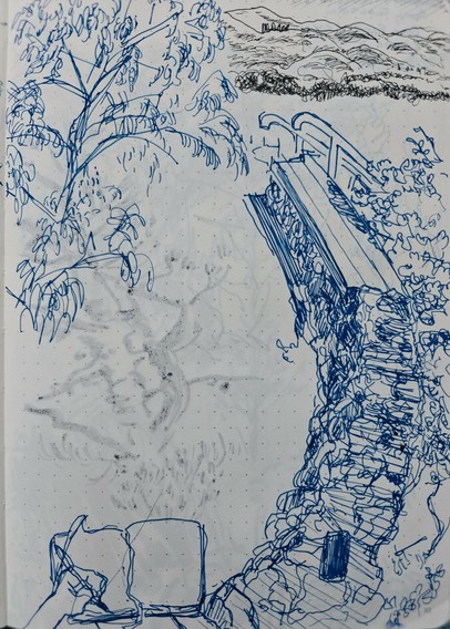 pen drawing of a rock bench and plants from the artists perspective; including the held sketchbook