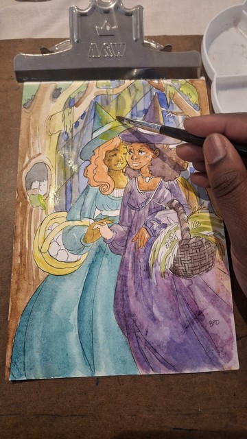 Two female Witches holding hands in the forest. One is dressed in purple, one is dressed in turquoise. One is holding herbs in a basket, and the other is holding eggs. It is a watercolor painting.
