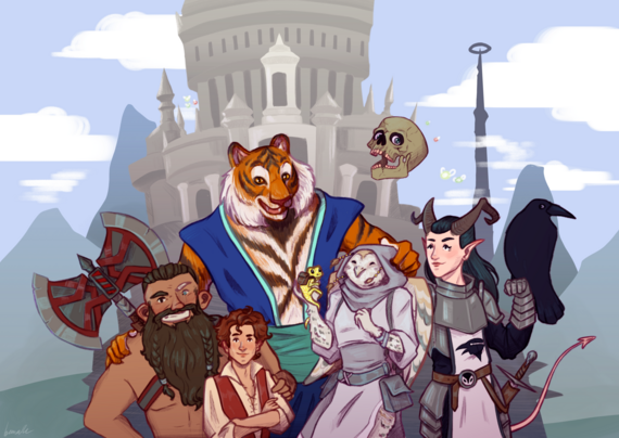 Ilustración digital de una party de aventuras, compuesta por un enano bárbaro con heterocremía, un pícaro mediano piratilla, un monje hombre-tigre con energía boomer, una owlin ranger con un lagartito amarillo, y una paladina tiefling de la Reina Cuervo, con un familiar cuervo. Los acompaña Morty, la calavera flotante. De fondo se ve su fortaleza andante y unas montañas.