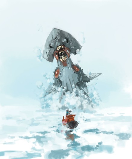 Digital painting of gigantic shark like monster bursting through ice as an icebreaker ship plows ahead of it