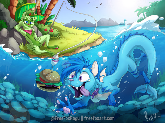 Yumi (floragato-sprigatito mix) is laying on the grass by the beach and fishing. They are looking smugly at their upcoming catch. Meanwhile underwater can see that Yumi is using a hamburger as a bait and Bubbles (vapoeron-cat mix) is excited for the delicious meal and is about to bite on it happily.