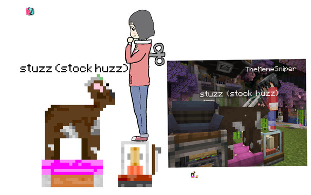 a drawing of nano looking at a cow named "stuzz (stock huzz)" with her hand to her chin on top of a create stock ticker. the cow is like pixel art (so retro) and nano is just fine. to the right is the original image of me looking at the cow in minecraft