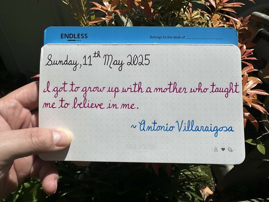 A pen quote of Antonio Villaraigosa that reads, “I got to grow up with a mother who taught me to believe in me.”

Written using Pilot Iroshizuku Syun-Gyo, Wearingeul Pride and Prejudice, as well as Pilot Iroshizuku Kon-Peki.