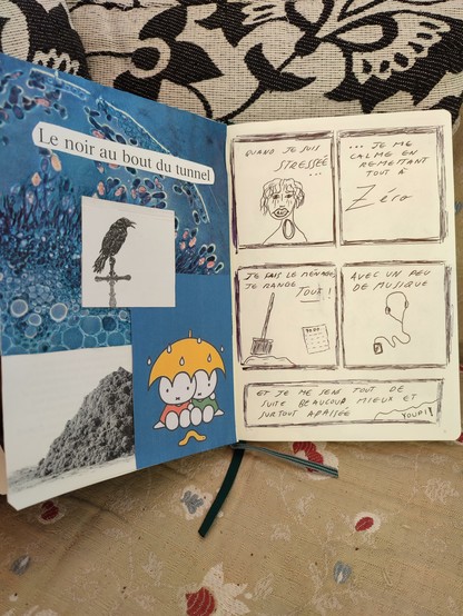 Un collage avec écritures : "Le noir au bout du tunnel" et une mini BD