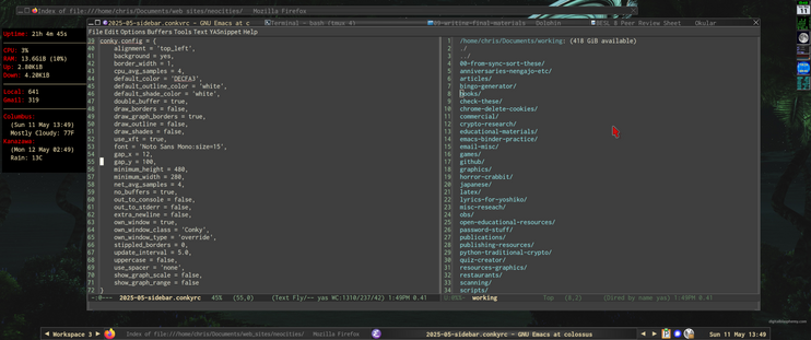 screenshot of my ultra-widescreen monitor with background from Digital Blasphemy. Conky is on the far left, showing system stats, emacs with a split pane takes up most of the real estate, and at the far right, in the slit, are WMCalClock, WMMatrix, MWMoon, WMSpaceWeather, WMSun, and WMWeather Window Maker dock apps.

The fluxbox bar is at the bottom of the screen.