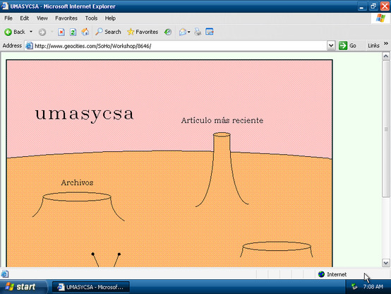 A geocities homepage titled "umasycsa" that consists mostly in a light pink and light orange illustration of what i interpret as the surface of a planet. Two very geometric shapes in a thin stroke evoke two mesas, while a third hill looks more like a butte (a more tall than wide mesa). Lastly, there's little ufo with two antennas. Each of these objects on the surface are linked to a section of the website. The sections are called, in Spanish: archivos; articula mas reciente; contacto; and conexiones con el mundo exterior
