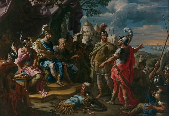 a painting , there are several helmeted and robed figures in the ancient greek style, standing under a tent and trees, a man in a throne with attendants around him, one man gesturing with his hands , a blue sky with golden light at the horizon behind , blue and gold amor laying on the ground in the middle of the people