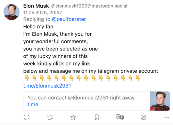 Spam from Elon Musk or some imposter, distributed on Mastodon.