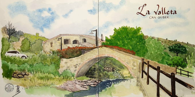 Dibujo con pluma estilográfica coloreado con acuarela.