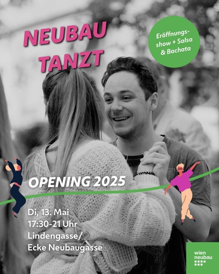 Flyer fürs Opening 2025 von Neubau tanzt: Personen tanzen miteinander.