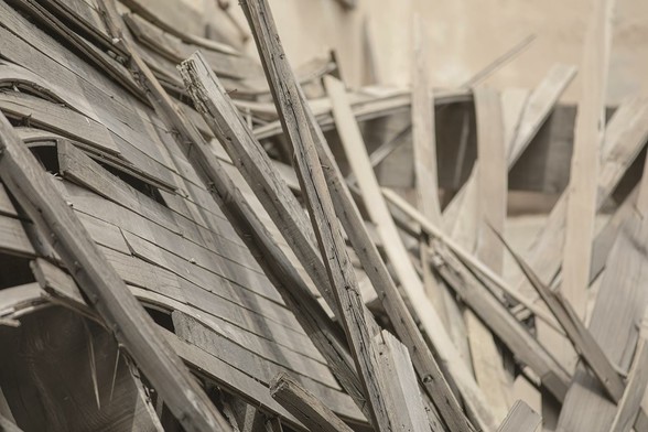 All Fall Down - Ruins of a vacant building in downtown Miami Arizona show what could still be good wood to use in some projects, but all caved down from an upper floor and weathered to a light gray brown in the hot summer days.