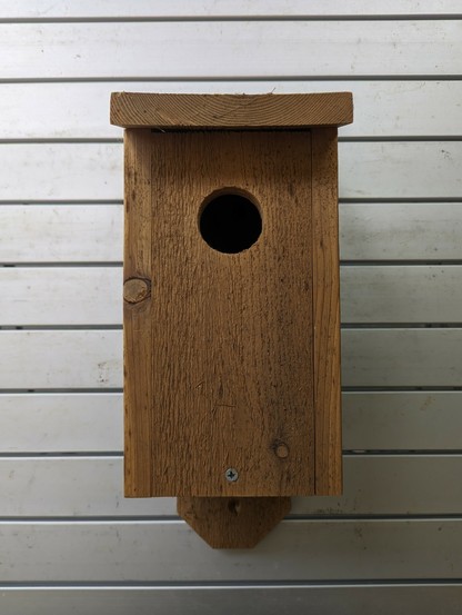 bluebird box that doesn't open sitting on folding camp table