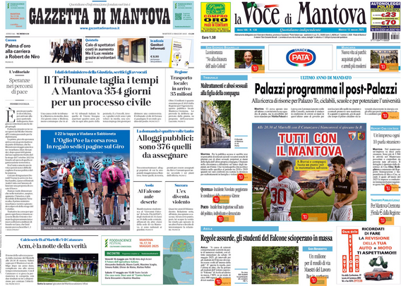 Due prime pagine di giornali affiancate. A sinistra c'è la "Gazzetta di Mantova" con un titolo principale che parla di una riduzione dei tempi per i processi civili a Mantova. Sotto il titolo, c'è una foto di ciclisti in gara. A destra, c'è "La Voce di Mantova" con un titolo principale che riguarda i piani di Palazzi per il futuro. Sotto il titolo, c'è una foto di un calciatore con la maglia numero 30. Entrambe le pagine contengono vari articoli e immagini più piccoli.  .