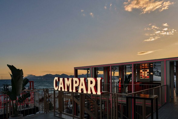 Hyde Beach by Campari at the Festival de Cannes, at the Croisette. Image shows the Campari logotype on a sign at Cannes.