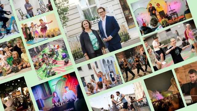 Eine Collage von Veranstaltungen des Kulturbezirks Neubau. Von Tanzenden Kindern über Konzerte im öffentlichen Raum zu Kunstaustellungen. Ein Foto zeigt Bezirksvorsteher Markus Reiter und Bezirksvorsteher-Stellvertreterin Isabelle Uhl
