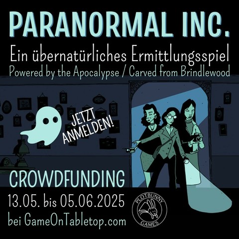 Eine gezeichnete Ankündigung für das bevorstehende Crowdfunding für das Spiel Paranormal Inc.