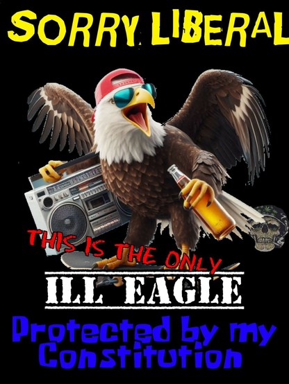 This image is a meme that combines elements of American patriotism with a humorous, redneck-themed twist. The central figure is an eagle, a symbol of the United States, but it is depicted in a casual, almost comical manner. The eagle is wearing sunglasses and a red cap, giving it a laid-back, cool appearance. It is holding a beer bottle in one talon and appears to be interacting with a boombox, suggesting a relaxed, party-like atmosphere. The text at the top reads "SORRY LIBERAL," indicating a political undertone, likely aimed at those with differing political views. The phrase "THIS IS THE ONLY ILL EAGLE Protected by my Constitution" further emphasizes the patriotic and humorous elements, playing on words and reinforcing the meme's message of American pride and a lighthearted, rebellious spirit.