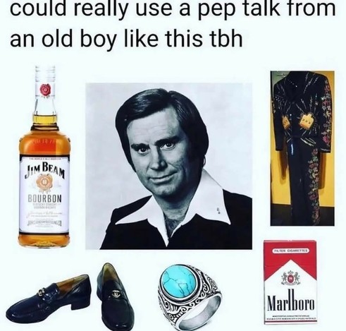 This image appears to be a meme themed around a stereotypical "redneck" or "old boy" lifestyle, which often includes elements of American patriotism and traditional Southern culture. 

The central figure in the image is a man with a serious expression, dressed in a collared shirt. Surrounding him are various items that contribute to the overall theme:

1. **Jim Beam Bourbon**: A bottle of bourbon, a type of whiskey, is prominently displayed. This is a well-known brand and is often associated with Southern culture and casual drinking.
   
2. **Marlboro Cigarettes**: A pack of Marlboro cigarettes is shown, which is a classic symbol of rugged, working-class lifestyles.

3. **Ring**: A ring with a turquoise stone is included, which is a common piece of jewelry in certain Southern and Western styles.

4. **Shoes**: A pair of black loafers are depicted, which are a classic and somewhat formal type of shoe.

5. **Jacket**: A denim jacket with patches is shown, which is a staple of casual, working-class fashion.

The text at the top, "could really use a pep talk from an old boy like this tbh," suggests that the image is meant to be humorous and relatable to those who identify with or find amusement in this particular lifestyle. The meme plays on the idea of seeking advice or encouragement from someone who embodies these traditional values.