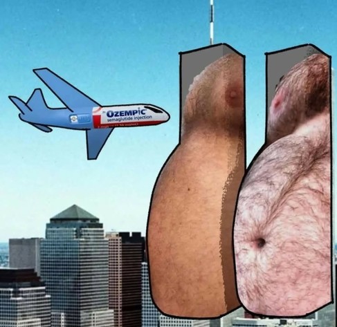 This image appears to be a meme. It combines several elements to create a humorous and provocative message. 

1. **Airplane**: The airplane in the sky has the word "OZEMPIC" written on it, which is a brand name for semaglutide, a medication often used for weight management. This suggests a play on the idea of weight loss or health interventions.

2. **Twin Towers**: The silhouette of the Twin Towers is filled with an image of a person's bare backside. This is a clear reference to the 9/11 attacks, using a controversial and provocative visual to make a statement.

3. **Cityscape**: In the background, there is a cityscape with modern buildings, likely representing a major American city, emphasizing the patriotic theme.

The combination of these elements creates a meme that plays on themes of American patriotism, health, and controversial imagery, aiming to provoke a strong reaction from the viewer.