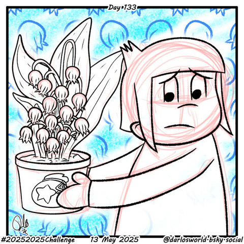 Drawing of Darlo holding a pot with a lily of the valley plant. The plant pot has an Animal Crossing bell bag on it. The background is frosty, granulated and blue, a reference to the TV show Breaking Bad. Darlo looks concerned, as he knows it's a poisonous plant.